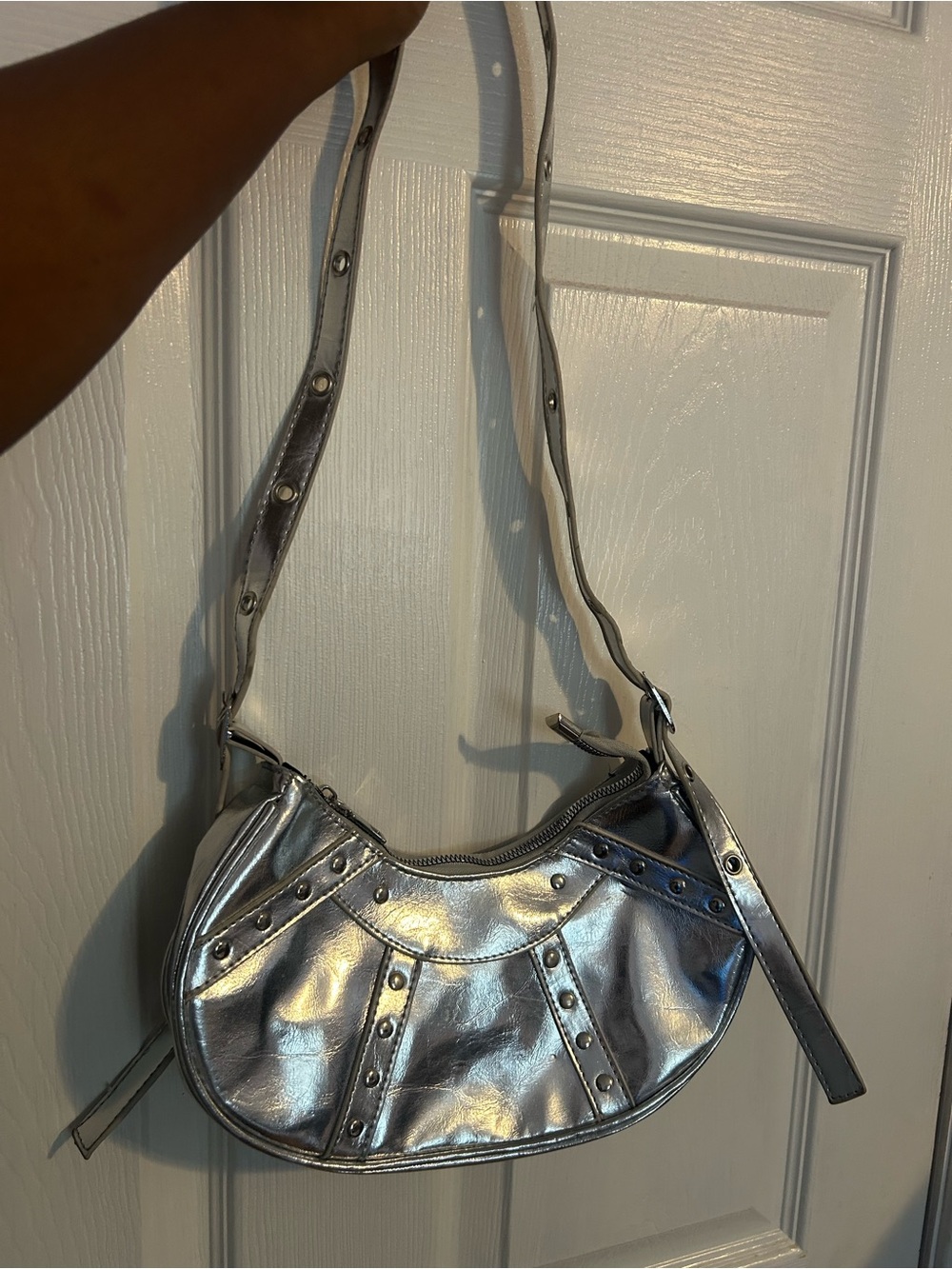 Metallic Silver Shoulder Bag with Stud Detail